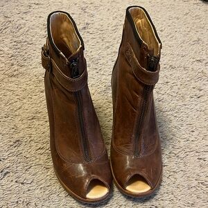 Brown Leather Peep-Toe Ankle Boots